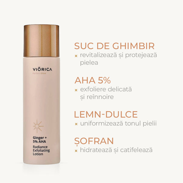 Loţiune exfoliantă iluminantă Ghimbir + 5% AHA, Perfect Glow - Viorica Cosmetic MD