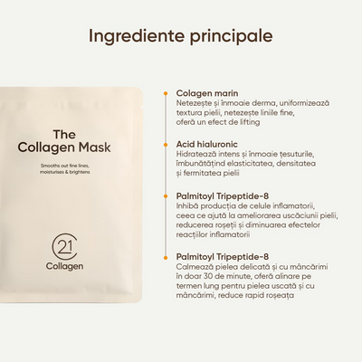 Увлажняющая маска для лица с коллагеном 21Collagen, кремовая упаковка с чёрным текстом