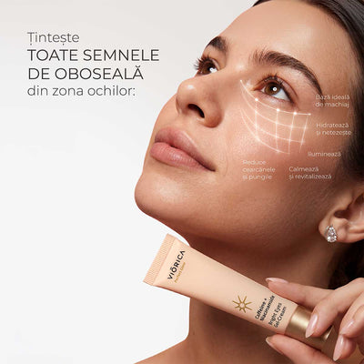 Gel-cremă contur ochi Cafeină Niacinamidă, tub cremă bej cu capac auriu, premiu bronz.