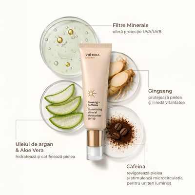 Cremă hidratantă și iluminantă SPF 50 Ginseng + Cafeină, tub bej cu detalii aurii.