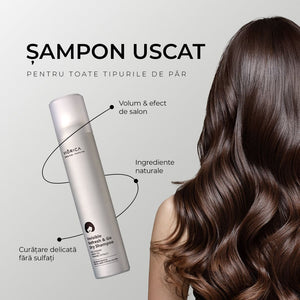 Șampon uscat Viorica pentru toate tipurile de păr, formulă cu extract natural, flacon argintiu, păr strălucitor.