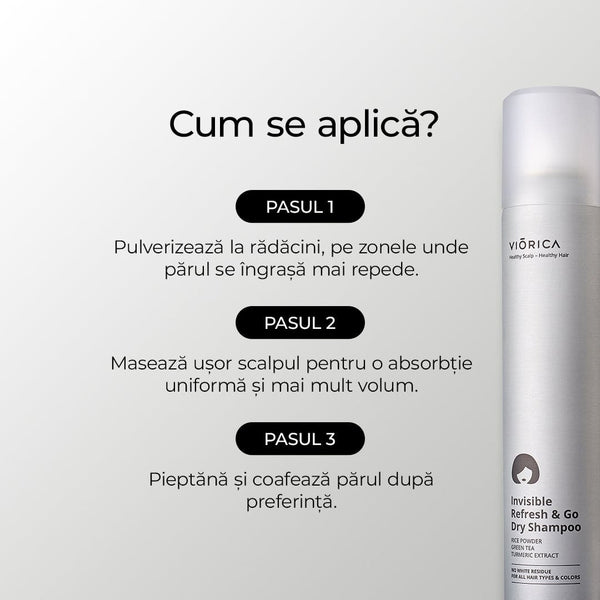 Instrucțiuni aplicare șampon uscat Viorica; flacon argintiu cu detalii aplicare.