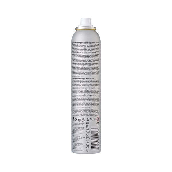 Text detaliu etichetă șampon uscat Viorica, 200 ml, ambalaj tubular, argintiu, instrucțiuni utilizare și ingrediente.