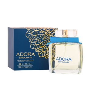 Apă de Parfum „ADORA Entourage” cutie albastră, flacon transparent, detaliu decor auriu.