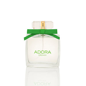 Apă de Parfum „ADORA Essence”, sticlă transparentă, fundă și text verde, capac transparent.