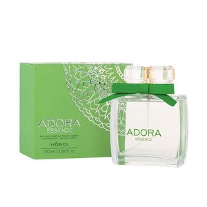 Sticlă Apă de Parfum „ADORA Essence” cu detalii verzi și capac transparent.