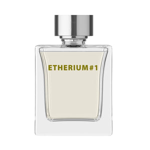 Apă de parfum ETHERIUM #1, sticlă transparentă cu capac argintiu.