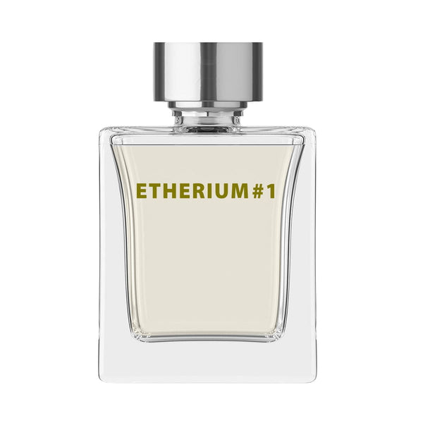 Apă de parfum ETHERIUM #1, sticlă transparentă cu capac argintiu.