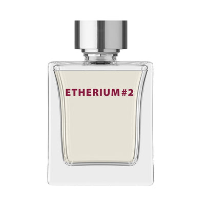 Apă de parfum ETHERIUM #2, sticlă transparentă, capac argintiu, etichetă scrisă.