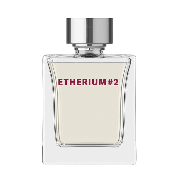 Apă de parfum ETHERIUM #2, sticlă transparentă, capac argintiu, etichetă scrisă.