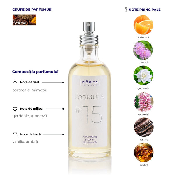 Sticlă elegantă FORMULA #15 cu parfum de portocală, mimoză și note de gardenie, tuberoză, vanilie și ambră.