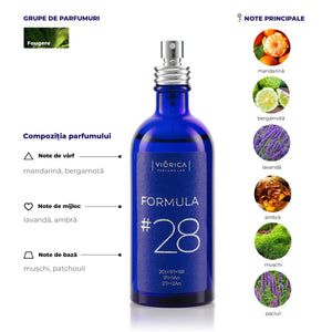 Sticlă albastră parfum FORMULA #28 bărbați, note citrice și lemnoase elegante.