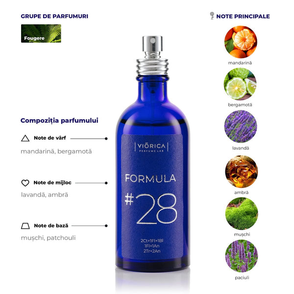 Sticlă albastră parfum FORMULA #28 bărbați, note citrice și lemnoase elegante.