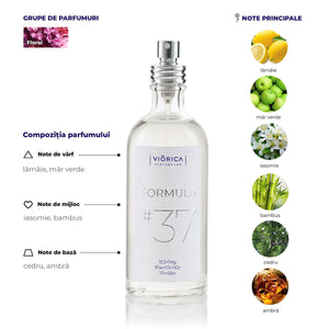 Sticlă de parfum FORMULA #37 cu note florale de lămâie, măr verde, iasomie, bambus, cedru, ambră.
