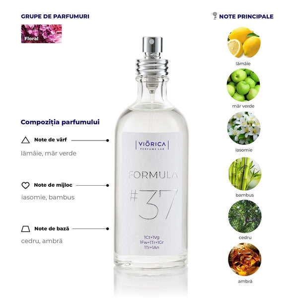 Sticlă de parfum FORMULA #37 cu note florale de lămâie, măr verde, iasomie, bambus, cedru, ambră.