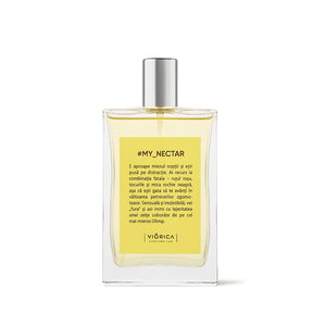 Apă de parfum #My_Nectar pentru femei, sticlă transparentă, etichetă galbenă.