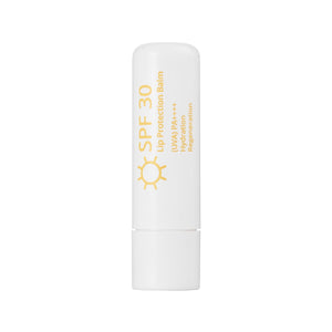 Balsam de buze alb SPF 30 cu protecție solară, text galben pe ambalaj.