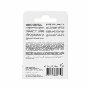 Text detaliat pe ambalajul balsamului de buze SPF 30, ingrediente și instrucțiuni utilizare.