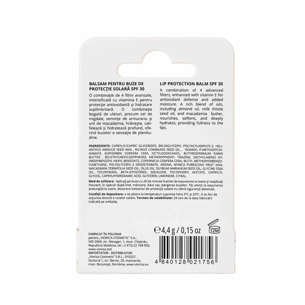 Text detaliat pe ambalajul balsamului de buze SPF 30, ingrediente și instrucțiuni utilizare.