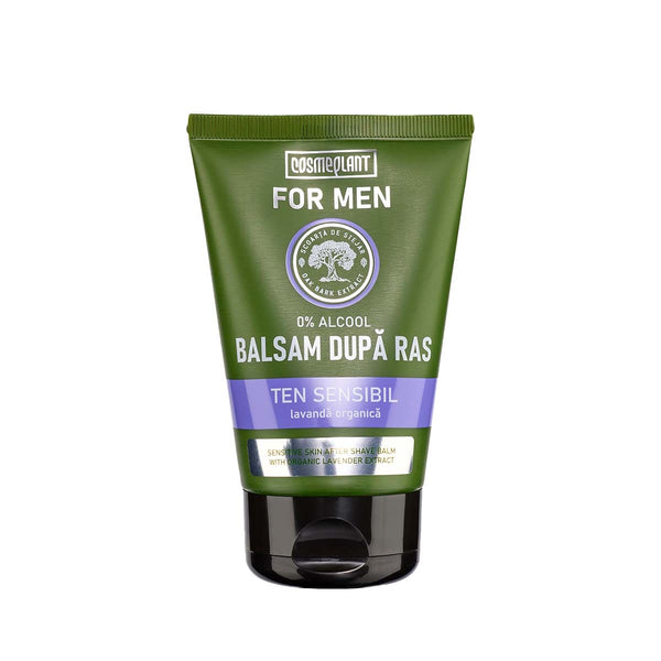 Balsam după ras For Men, ambalaj verde cu etichetă violet, extracte de scoarță de stejar și lavandă organică.