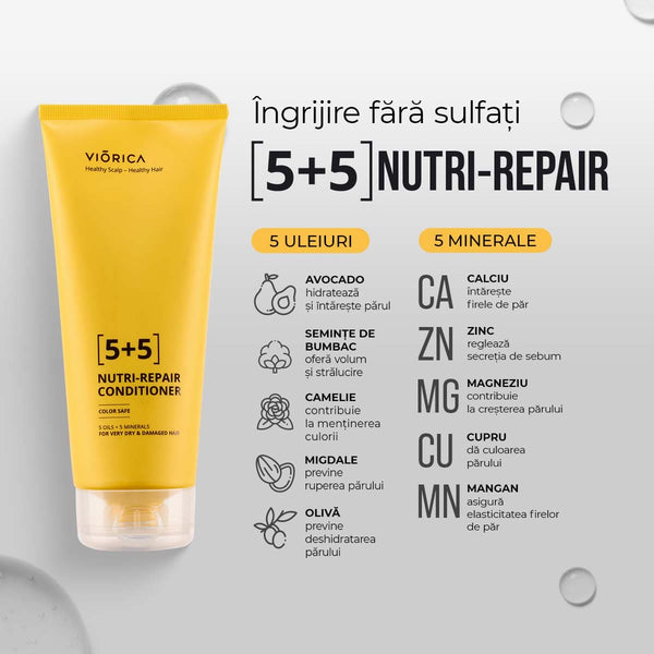 Balsam Nutri-Reparator 5+5 Viorica galben, ingrediente naturale, ulei avocado, semințe bumbac, fără sulfați.
