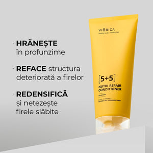Balsam Nutri-Reparator 5+5 Viorica pentru păr uscat, tub galben, text nutriție și regenerare.