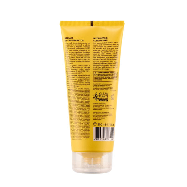 Balsam Nutri-Reparator Viorica, galben, 200 ml, detalii ingrediente și etichetă distinctă, capac transparent.