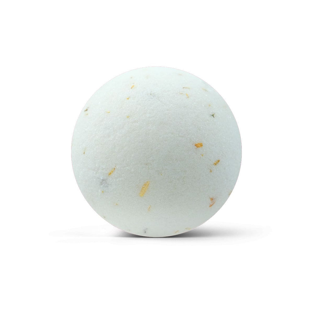 Bilă de baie albă cu particule galbene, ingrediente naturale, pentru relaxare.