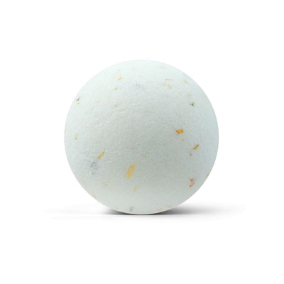 Bilă de baie albă cu particule galbene, ingrediente naturale, pentru relaxare.