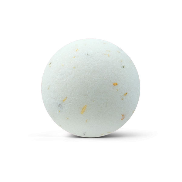 Bilă de baie albă cu particule galbene, ingrediente naturale, pentru relaxare.