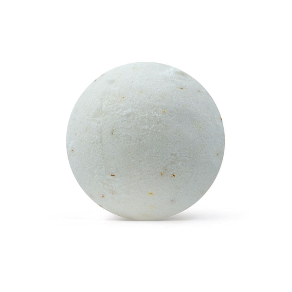 Bilă de baie efervescentă, albă, cu particule vegetale, din 98% ingrediente naturale.