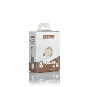 Burete din fibre de bambus și in în cutie alb-maro, eticheta Viorica.