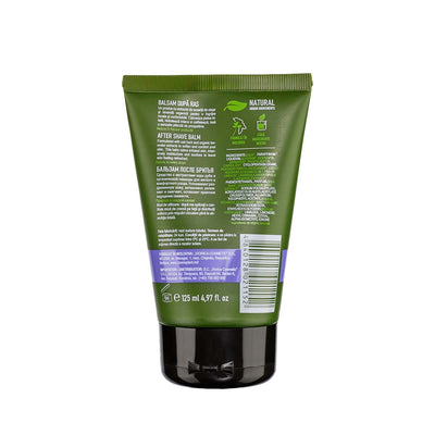 Balsam după ras For Men, ambalaj verde cu etichetă violet, extracte de scoarță de stejar și lavandă organică.