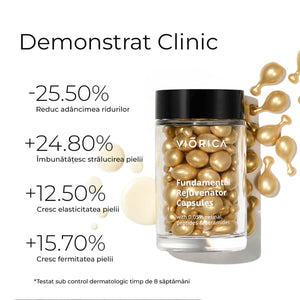 Capsule rejuvenare piele aurii în recipient sticlă, textură catifelată, efect anti-îmbătrânire.