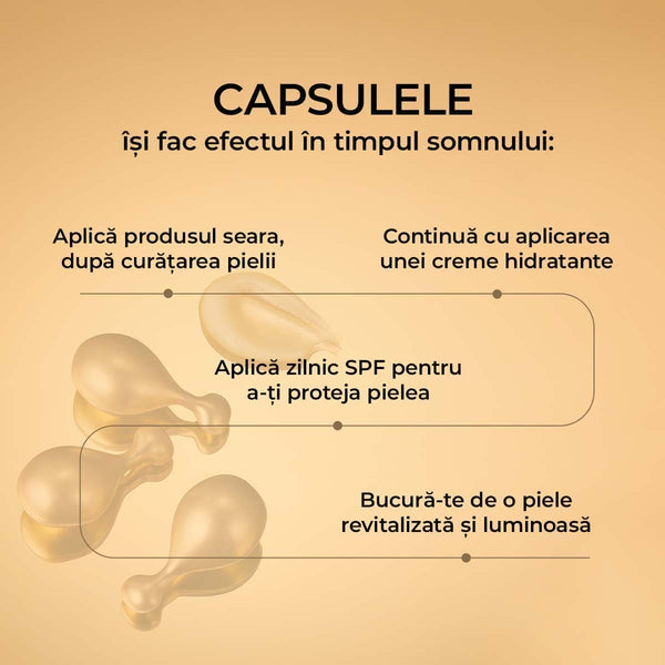 Capsule auriu pastel pentru întinerirea pielii, detaliu textură mătăsoasă, instrucțiuni de aplicare.