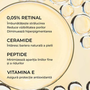 Ingrediente capsule rejuvenare piele: retinal, ceramide, peptide, vitamina E; textură lichidă, culoare galben-deschis.