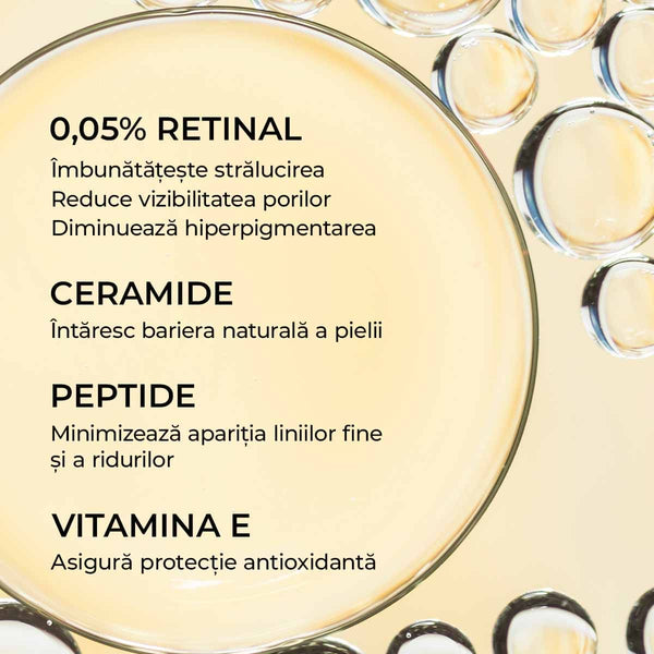 Ingrediente capsule rejuvenare piele: retinal, ceramide, peptide, vitamina E; textură lichidă, culoare galben-deschis.