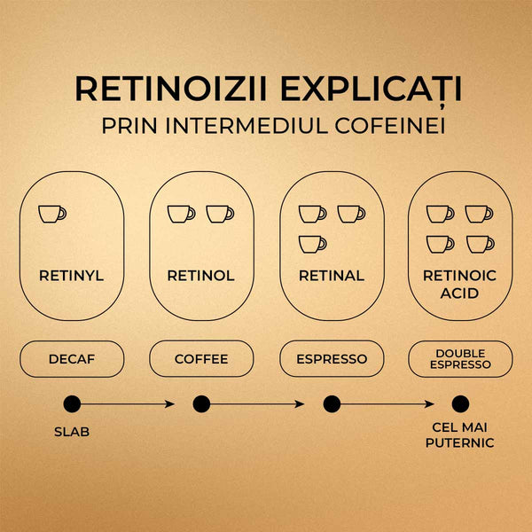 Diagramă explicativă retinoizi prin analogie cu niveluri cofeină, text pe fundal maro deschis.
