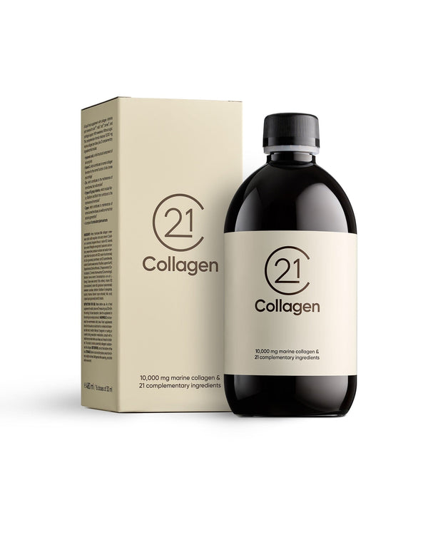 Sticlă neagră de Colagen Marin Lichid 10000mg, ambalaj crem, text 21Collagen pe etichetă.