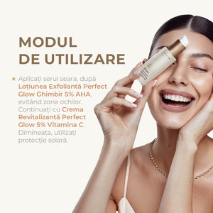Femeie zâmbitoare ținând o sticlă de concentrat de noapte Perfect Glow, detalii texturat, capac metalic.