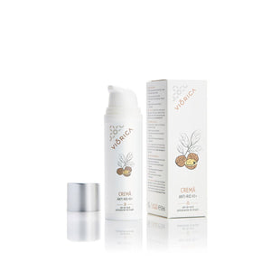 Sticlă cremă anti-rid 45+ Viorica, albă, 50ml, extract nuci, detalii cutie.