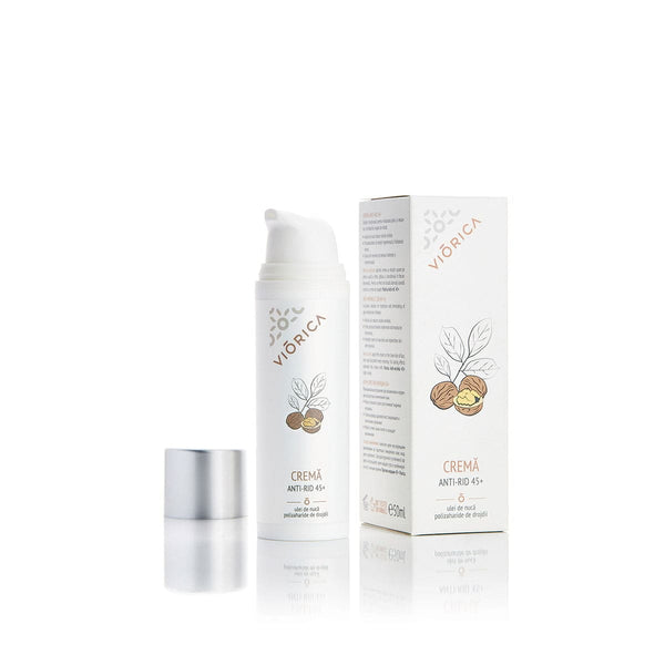 Sticlă cremă anti-rid 45+ Viorica, albă, 50ml, extract nuci, detalii cutie.