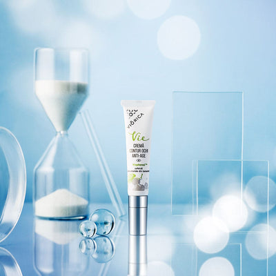 Cremă Contur Ochi Anti-Age Viorica Vie, tub alb cu Verde, ingrediente Viephenol și cafeină.