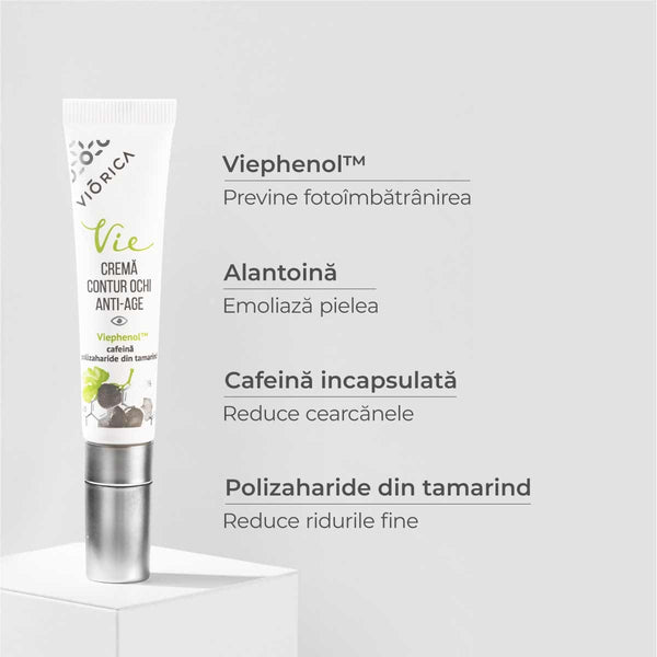Cremă contur ochi anti-age cu Viephenol™, alantoină, cafeină și polizaharide, tub alb-argintiu.