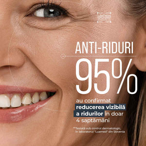 Textură ten matur; efect anti-rid, reducerea ridurilor 95% în patru săptămâni, testat dermatologic.