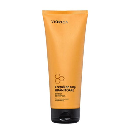 Cremă de corp hrănitoare Viorica cu extract de propolis, recipient portocaliu, detalii negre.