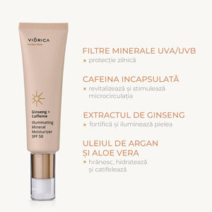 Cremă iluminantă SPF 50, ginseng și cafeină, protecție minerală, textură catifelată, ton nude.