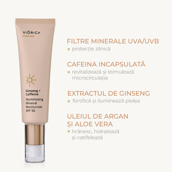 Cremă iluminantă SPF 50, ginseng și cafeină, protecție minerală, textură catifelată, ton nude.