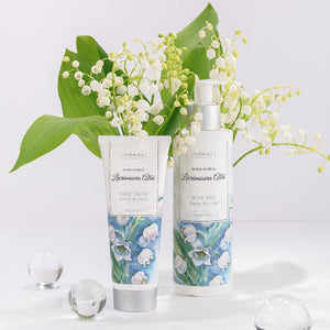 Cremă de mâini Elixir Floral cu lăcrămioare, ambalaj floral albastru-verde, capac argintiu.