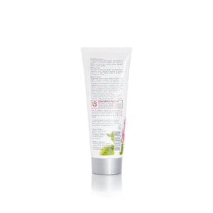 Tub cremă de mâini Rosa Nobilis, detaliu etichetă, fundal alb, capac gri argintiu, design floral subtil.